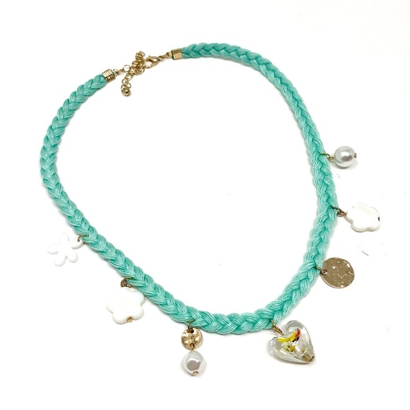 New Free People Charm Choker Necklace Blue Flower Heart - Picture 5 of 6